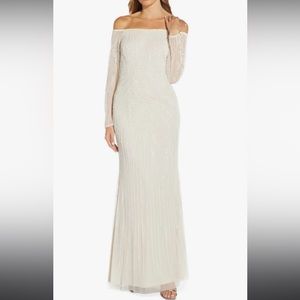 Adrianna Papell Ivory/Pearl off shoulder beaded/long sleeve dress size 8 w/tags